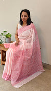 Baby pink block printed embroidered organza saree