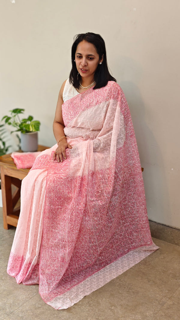 Baby pink block printed embroidered organza saree