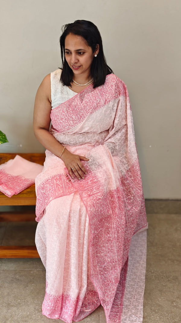 Baby pink block printed embroidered organza saree
