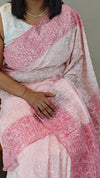 Baby pink block printed embroidered organza saree