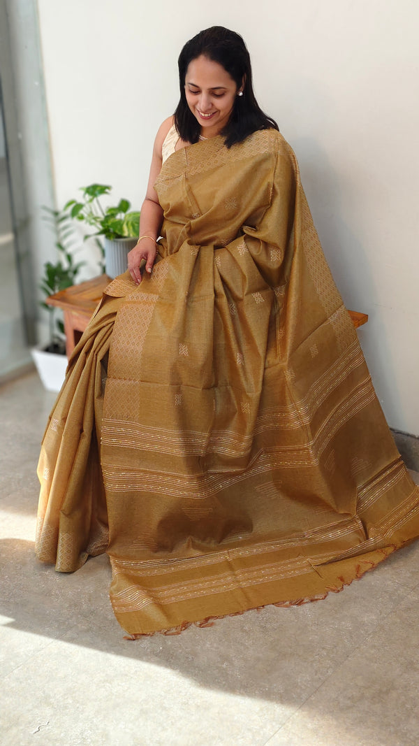 Olive green tussar silk saree