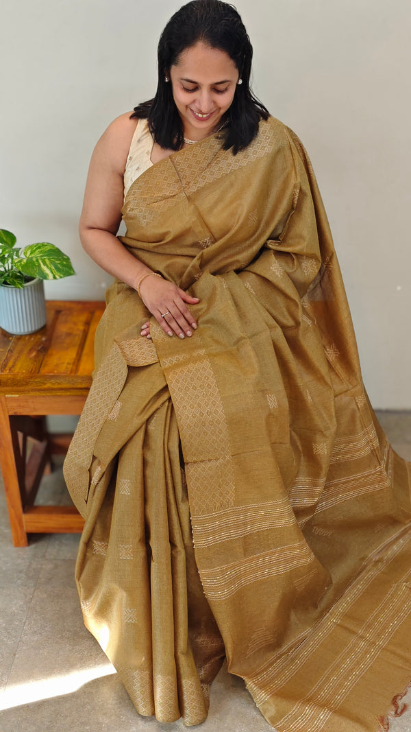 Olive green tussar silk saree