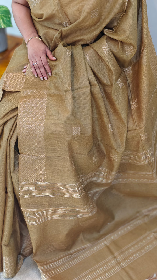 Olive green tussar silk saree