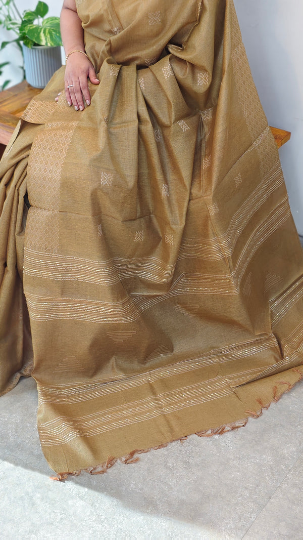 Olive green tussar silk saree