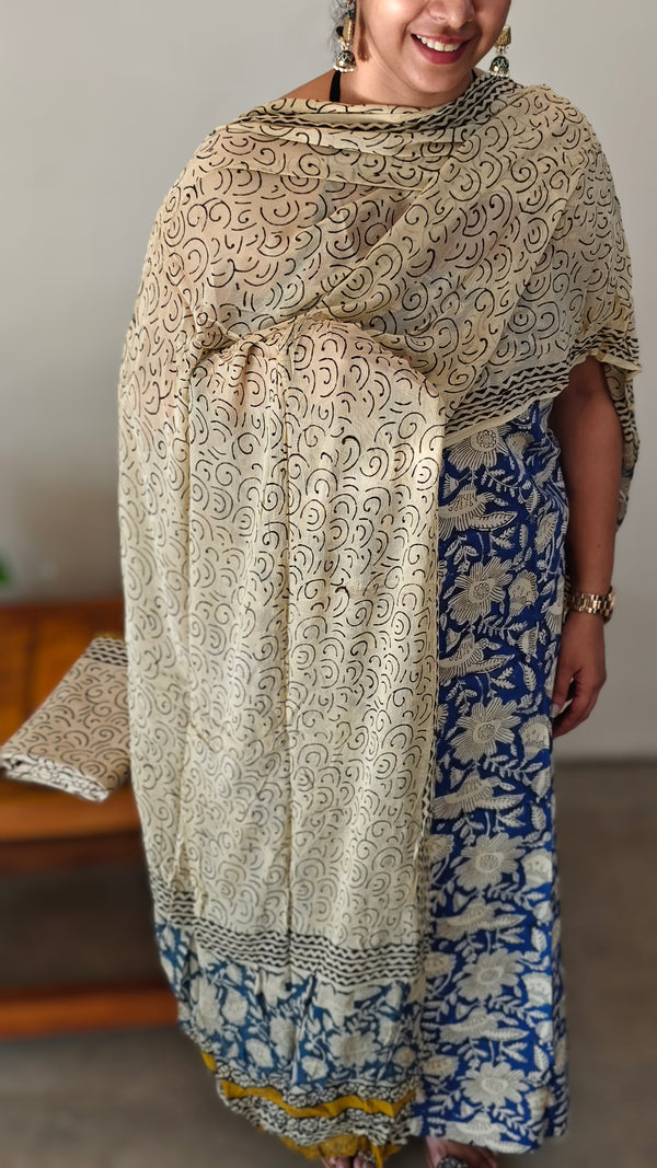 Blue and cream block printed cotton suit
