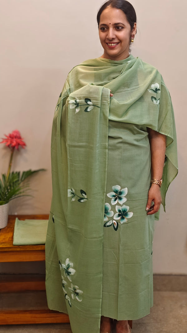 Hand painted green cotton salwar suit