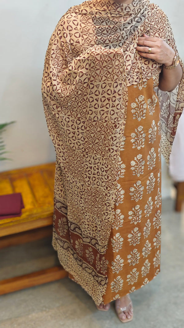 mustard block printed cotton suit