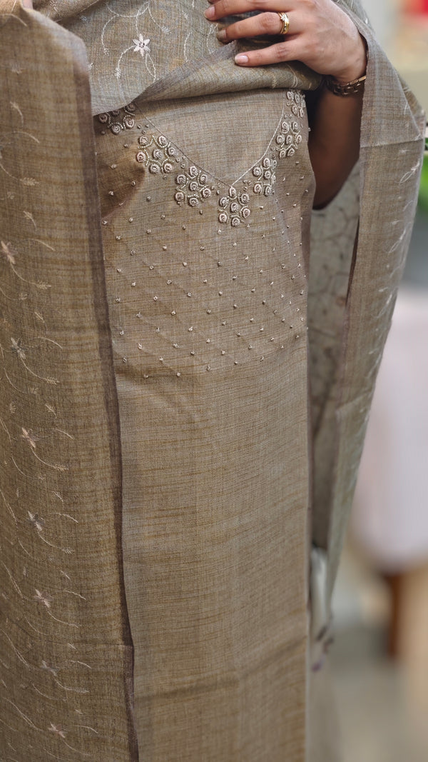 Greenish grey hand embroidered salwar suit