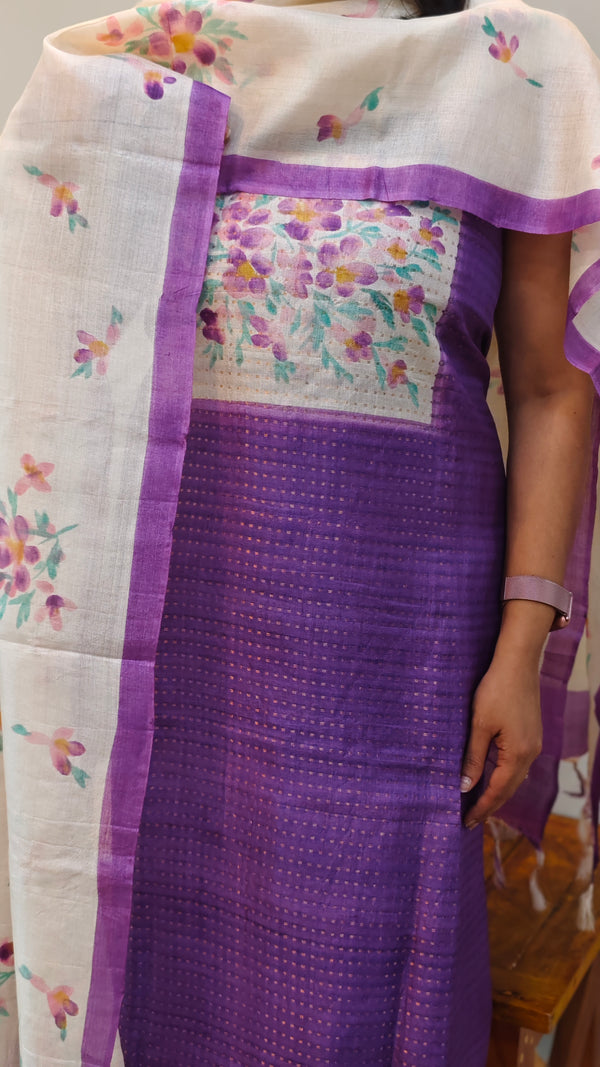 Purple printed tussar silk suit