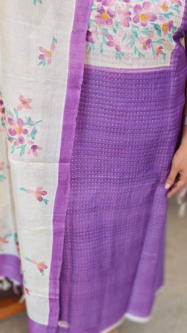 Purple printed tussar silk suit