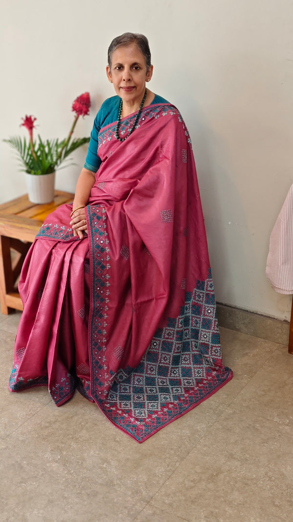 Rogue pink kutch work tussar silk saree