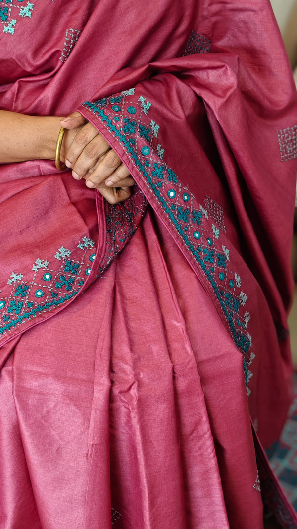 Rogue pink kutch work tussar silk saree