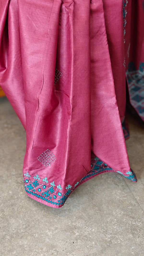 Rogue pink kutch work tussar silk saree