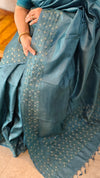 Turquoise embroidered tussar silk saree