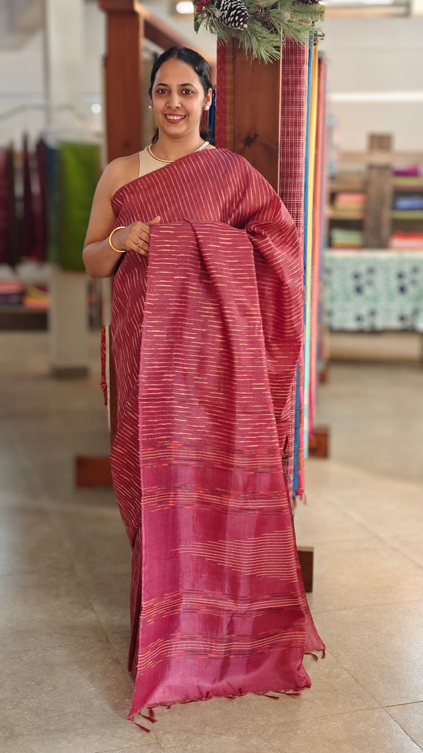 Maroon tussar silk saree with jute weaving