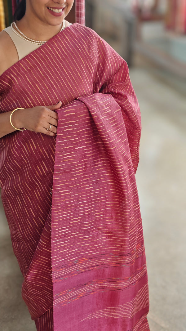 Maroon tussar silk saree with jute weaving