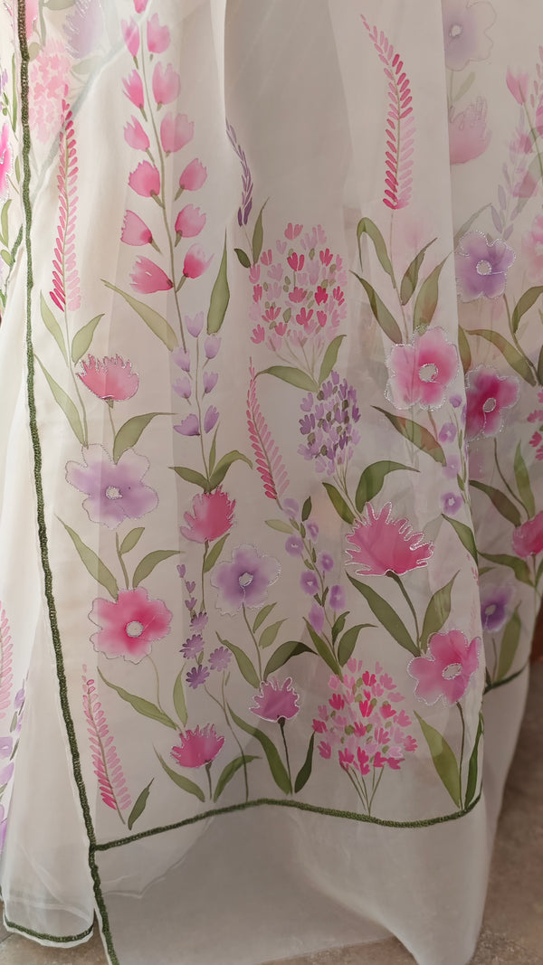 Off white brush painted organza saree