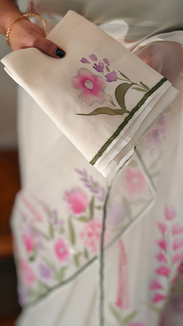 Off white brush painted organza saree