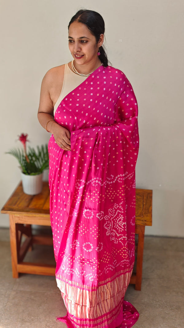 Pink hand bhandej modal silk saree