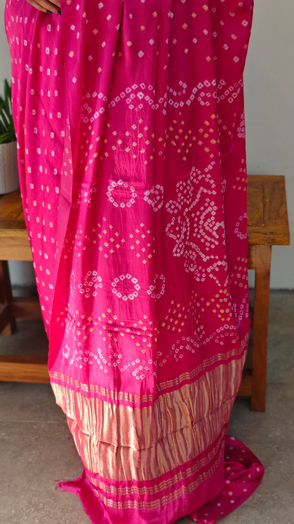 Pink hand bhandej modal silk saree