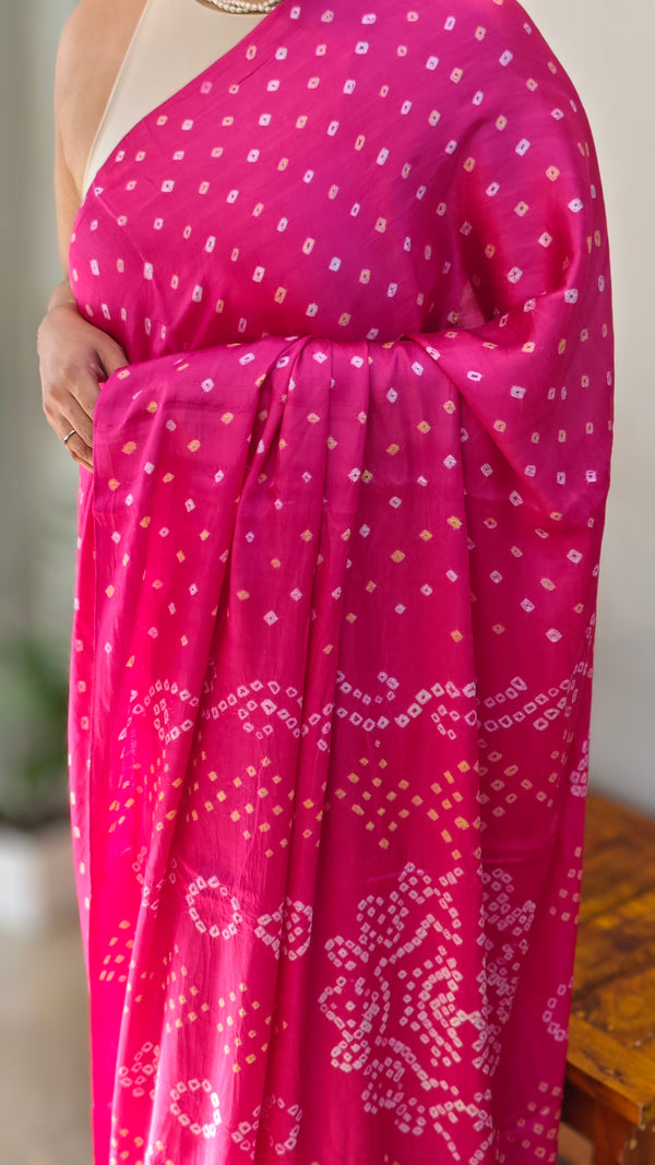 Pink hand bhandej modal silk saree