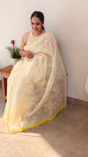 Yellow block printed net kota saree