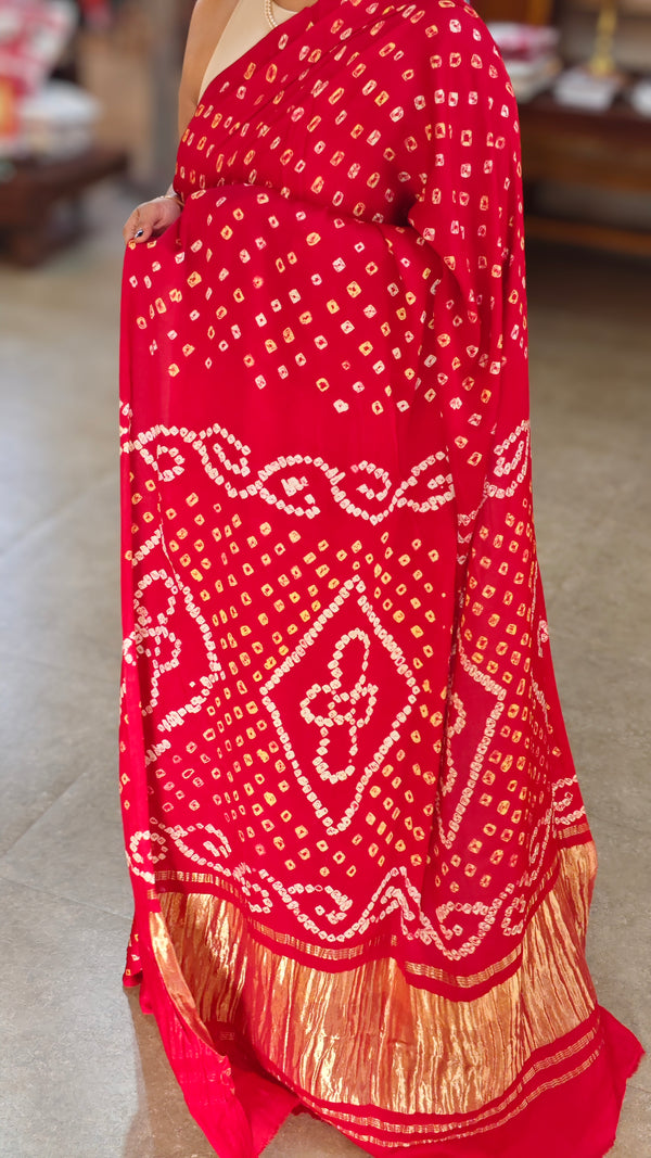 Red hand bhandej modal silk saree