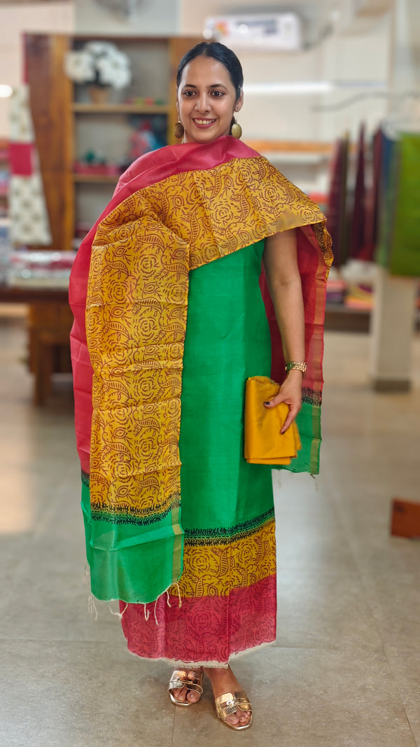 Green and Mustard tussar silk suit