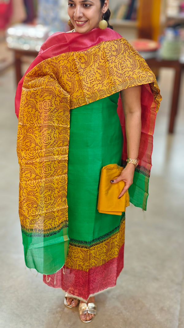 Green and Mustard tussar silk suit