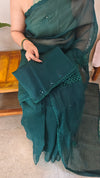 Bottle green kota cotton saree with crochet work - 820