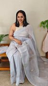 Light pastel bluish grey kota cotton saree with crochet work - 820