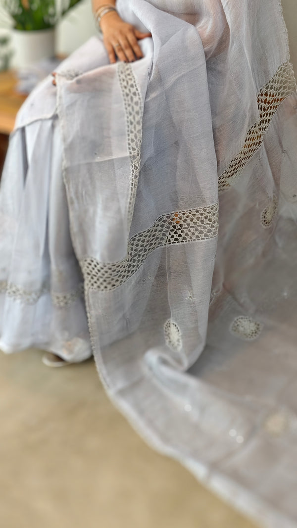 Light pastel bluish grey kota cotton saree with crochet work - 820