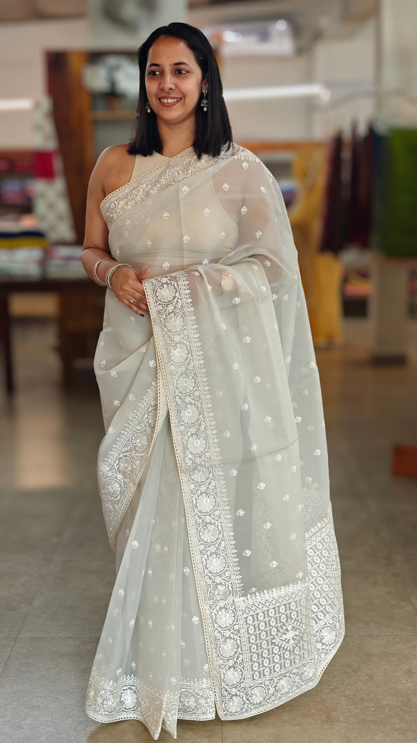 Smoky Grey Organza saree- A214