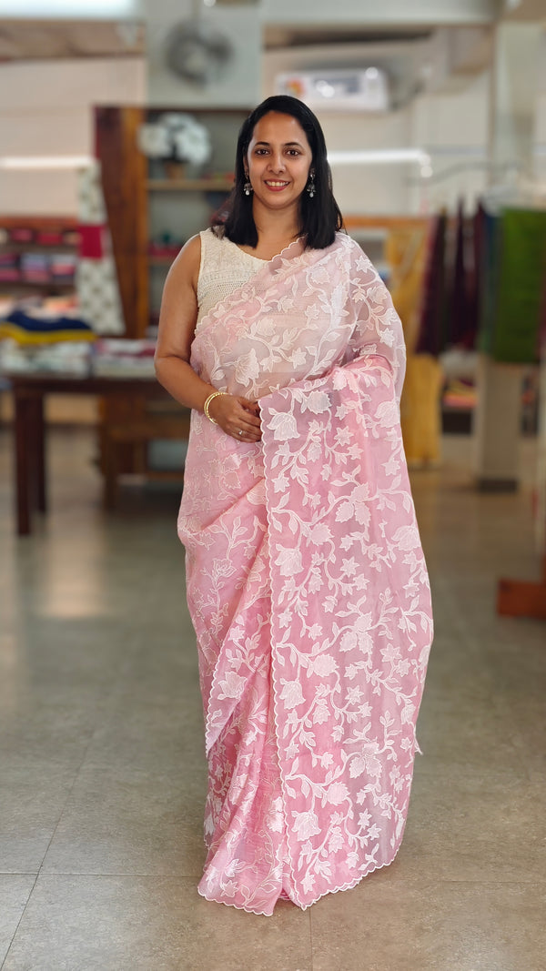 Pastel pink embroidered Organza saree