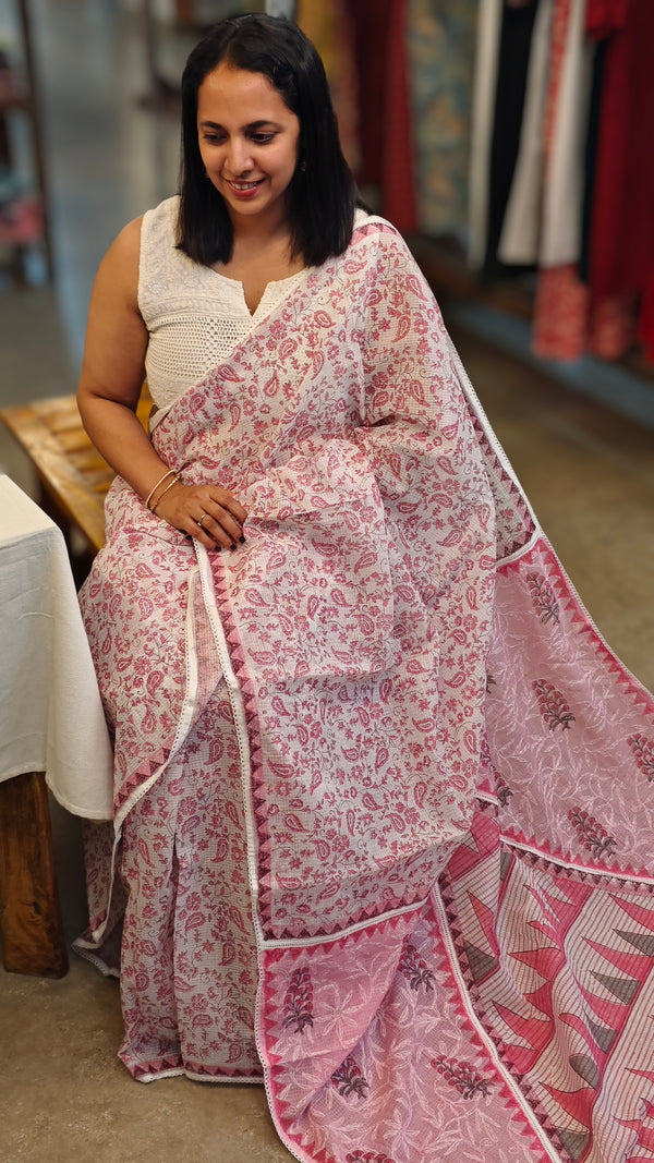 Pink Net Kota saree with chikankari palla