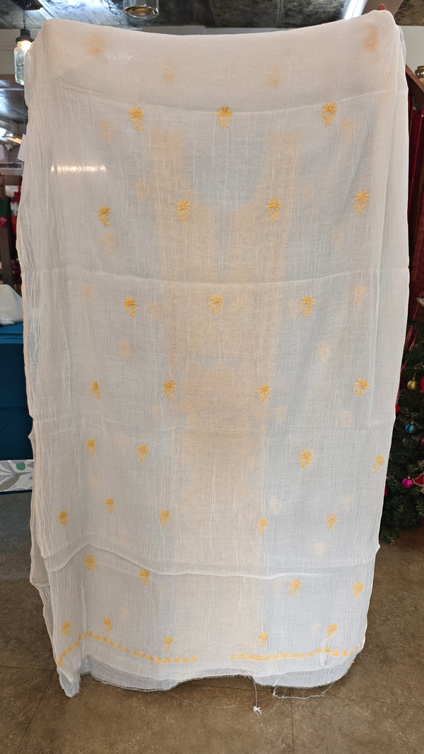 Milky white and yellow Mal chanderi chikankari suit