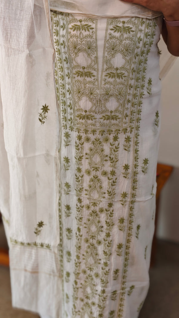Milky white and Green mal chanderichikankari suit