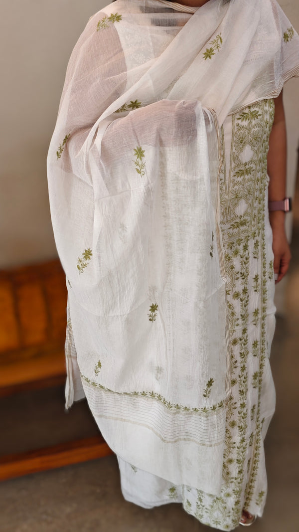 Milky white and Green mal chanderichikankari suit