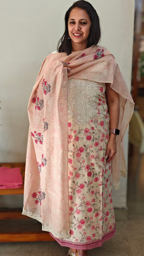 Beige and pink chanderi salwar suit