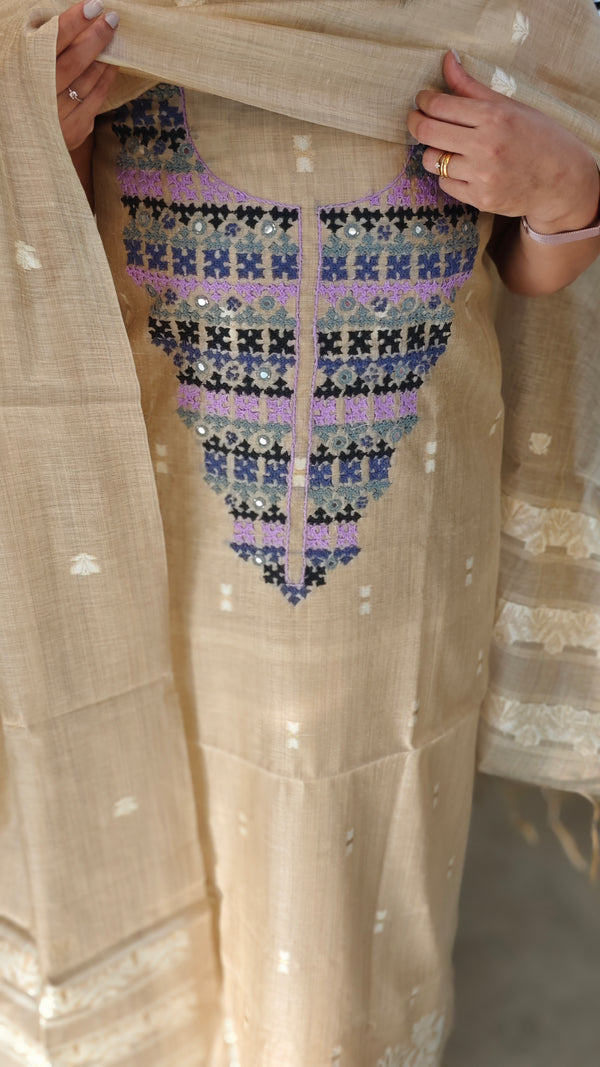 Light Beige Linen Chanderi salwar suit