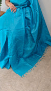 Cyan blue hand embroidered tussar silk saree