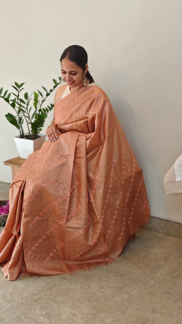Dusty peach hand embroidered tussar saree