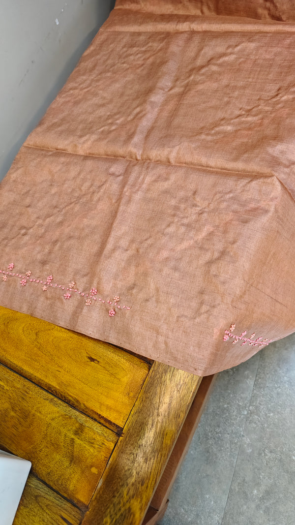 Dusty peach hand embroidered tussar saree