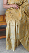 Yellowish green embroidered tussar silk saree with kantha work