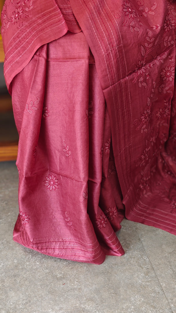 Maroon embroidered tussar silk saree with kantha work