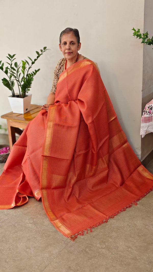 Rust orange checked muga tussar silks saree - CXW12