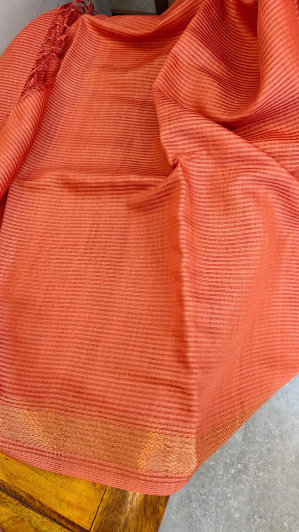 Rust orange checked muga tussar silks saree - CXW12