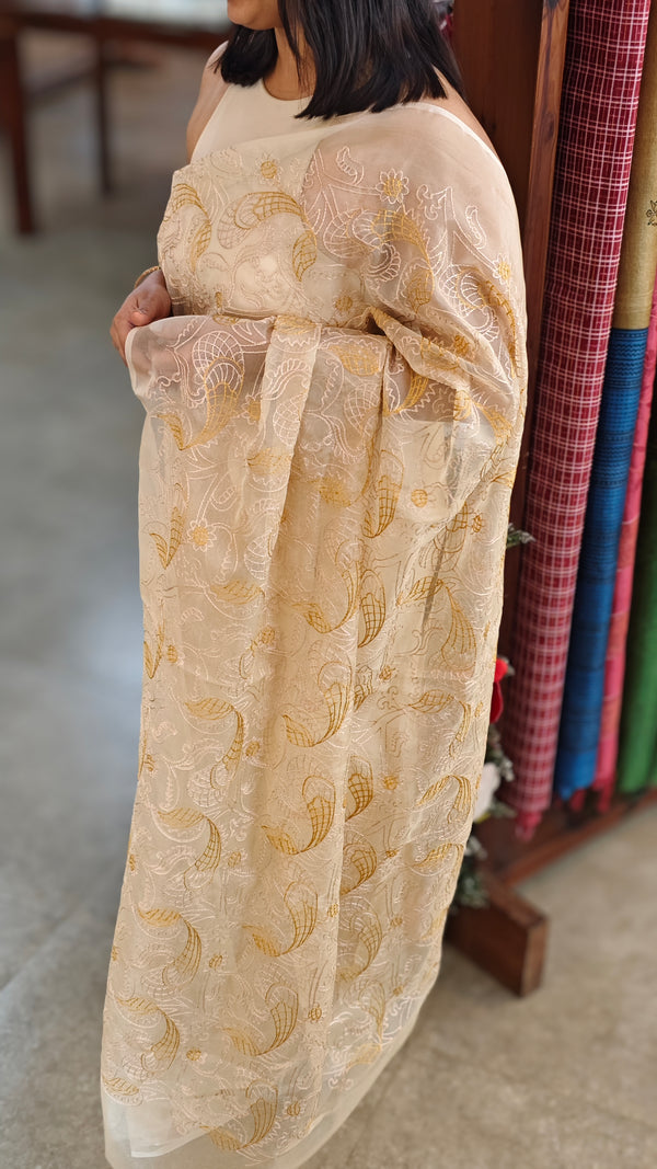 Sandy beige organza embroidered saree - Mustard - 65RD