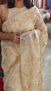 Sandy beige organza embroidered saree - Mustard - 65RD