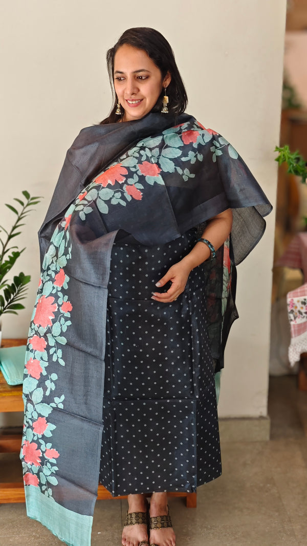 Navy blue tussar silk suit with polka dots